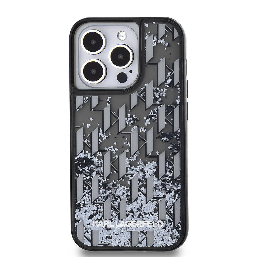 Apple iPhone 14 Pro Max Kılıf Karl Lagerfeld Orjinal Lisanslı Simli KL Yazılı Monogram Gradıent Kapak Siyah