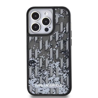 Apple iPhone 14 Pro Max Kılıf Karl Lagerfeld Orjinal Lisanslı Simli KL Yazılı Monogram Gradıent Kapak Siyah