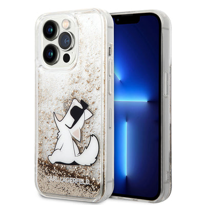 Apple iPhone 14 Pro Max Kılıf Karl Lagerfeld Sıvılı Simli Choupette Dizayn Kapak Gümüş