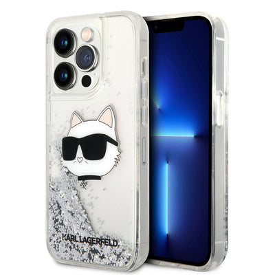 Apple iPhone 14 Pro Max Kılıf Karl Lagerfeld Sıvılı Simli Choupette Head Dizayn Kapak Gümüş