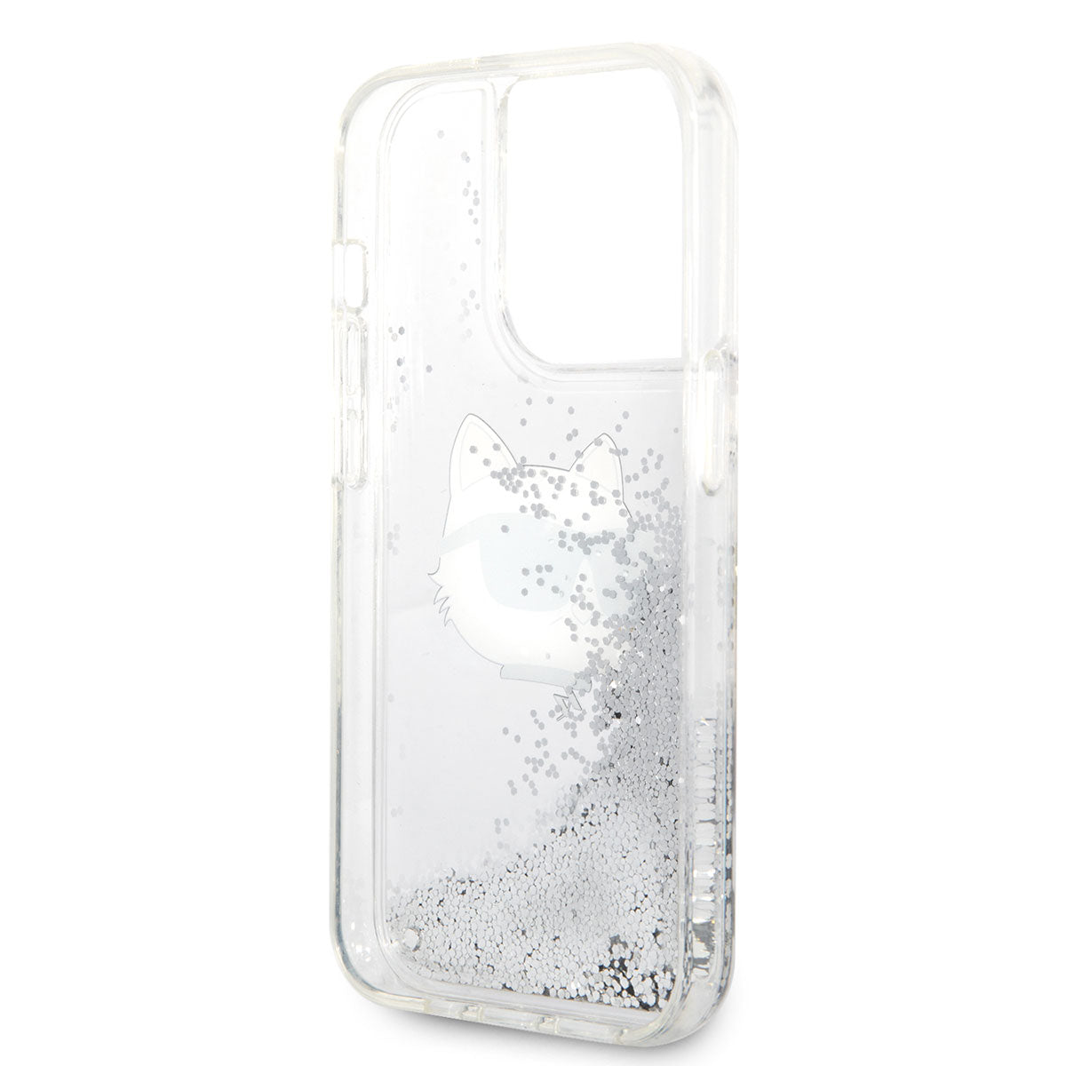 Apple iPhone 14 Pro Max Kılıf Karl Lagerfeld Sıvılı Simli Choupette Head Dizayn Kapak Gümüş