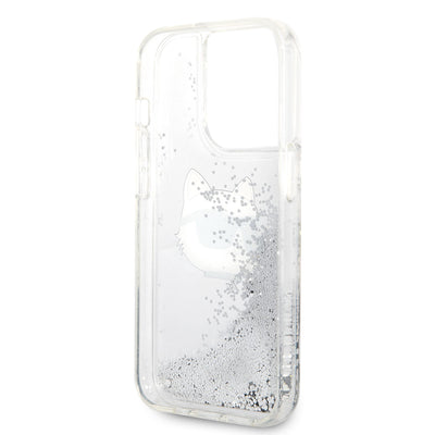 Apple iPhone 14 Pro Max Kılıf Karl Lagerfeld Sıvılı Simli Choupette Head Dizayn Kapak Gümüş