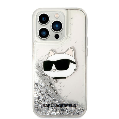 Apple iPhone 14 Pro Max Kılıf Karl Lagerfeld Sıvılı Simli Choupette Head Dizayn Kapak Pembe