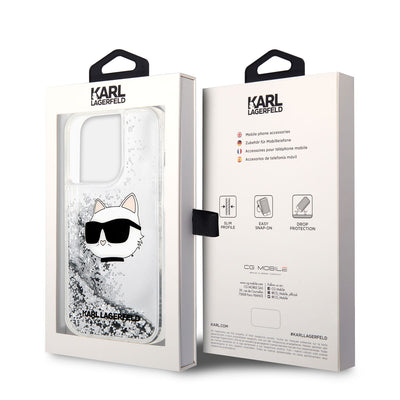 Apple iPhone 14 Pro Max Kılıf Karl Lagerfeld Sıvılı Simli Choupette Head Dizayn Kapak Gümüş