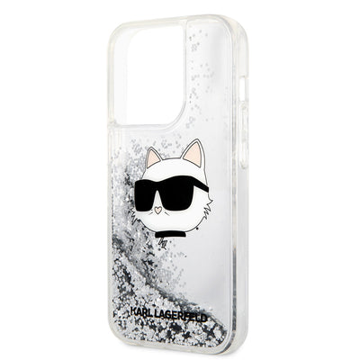 Apple iPhone 14 Pro Max Kılıf Karl Lagerfeld Sıvılı Simli Choupette Head Dizayn Kapak Gümüş