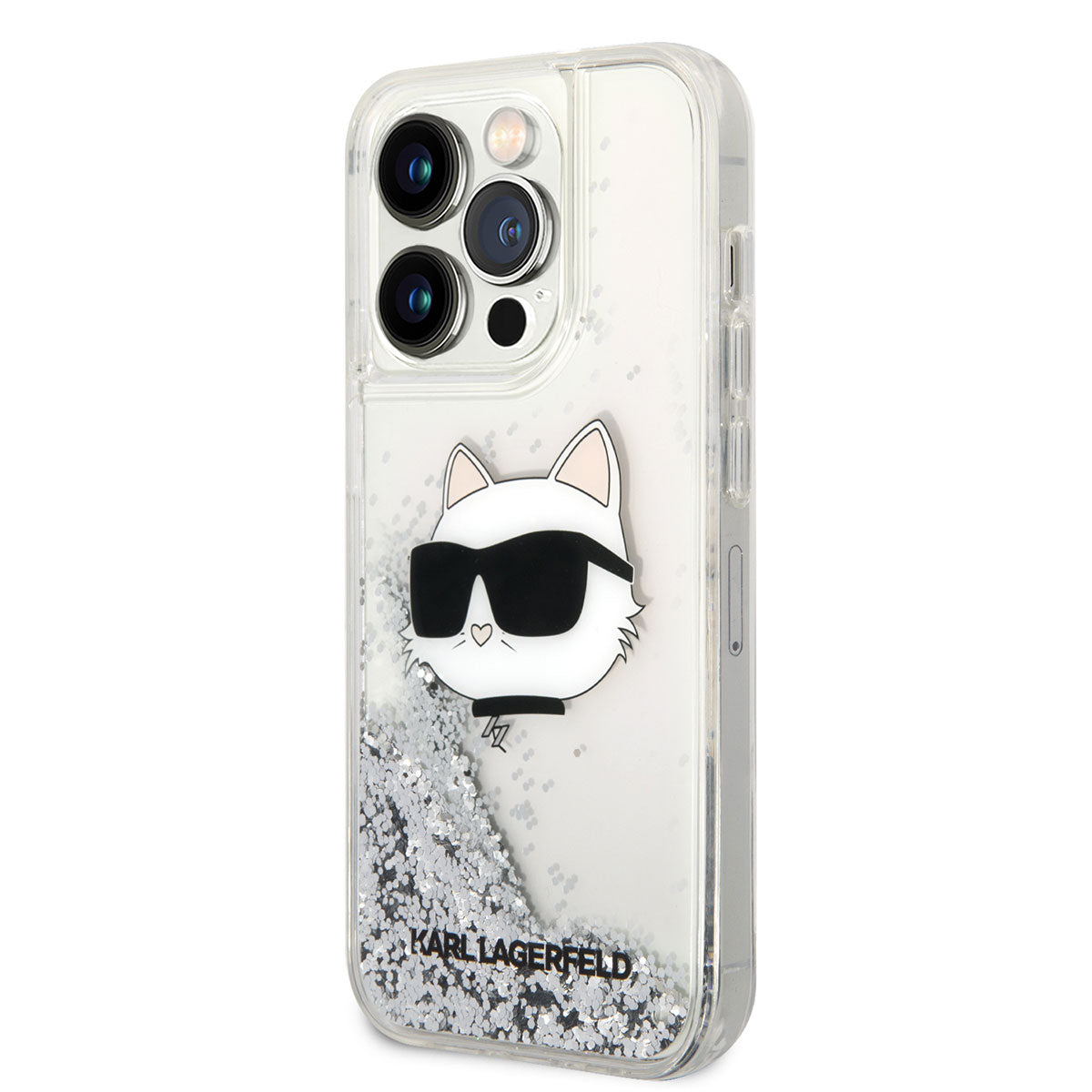 Apple iPhone 14 Pro Max Kılıf Karl Lagerfeld Sıvılı Simli Choupette Head Dizayn Kapak Gümüş