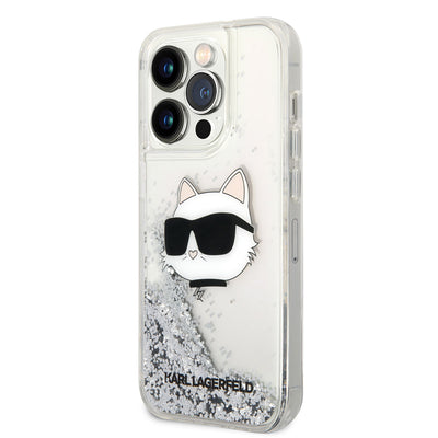 Apple iPhone 14 Pro Max Kılıf Karl Lagerfeld Sıvılı Simli Choupette Head Dizayn Kapak Gümüş