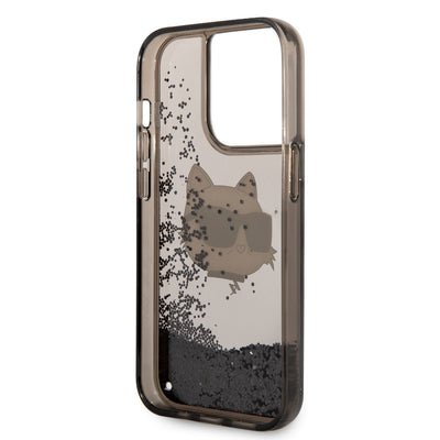 Apple iPhone 14 Pro Max Kılıf Karl Lagerfeld Sıvılı Simli Choupette Head Dizayn Kapak Gümüş