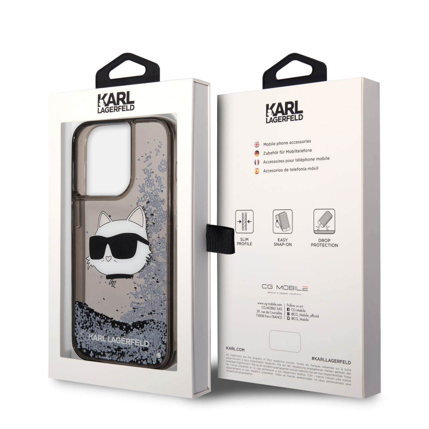 Apple iPhone 14 Pro Max Kılıf Karl Lagerfeld Sıvılı Simli Choupette Head Dizayn Kapak Gümüş