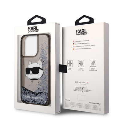 Apple iPhone 14 Pro Max Kılıf Karl Lagerfeld Sıvılı Simli Choupette Head Dizayn Kapak Gümüş
