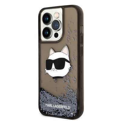 Apple iPhone 14 Pro Max Kılıf Karl Lagerfeld Sıvılı Simli Choupette Head Dizayn Kapak Pembe