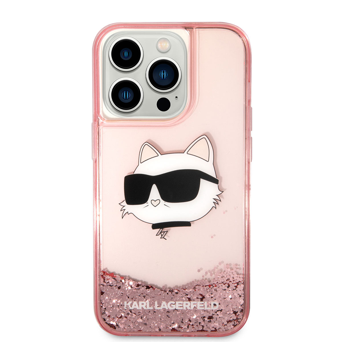 Apple iPhone 14 Pro Max Kılıf Karl Lagerfeld Sıvılı Simli Choupette Head Dizayn Kapak Gümüş