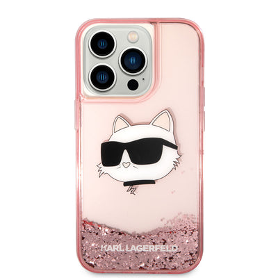Apple iPhone 14 Pro Max Kılıf Karl Lagerfeld Sıvılı Simli Choupette Head Dizayn Kapak Gümüş