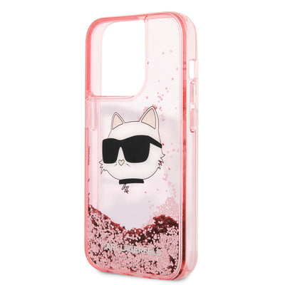 Apple iPhone 14 Pro Max Kılıf Karl Lagerfeld Sıvılı Simli Choupette Head Dizayn Kapak Gümüş