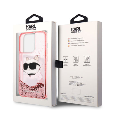 Apple iPhone 14 Pro Max Kılıf Karl Lagerfeld Sıvılı Simli Choupette Head Dizayn Kapak Gümüş