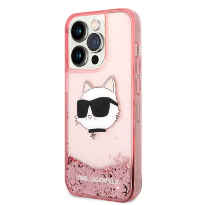 Apple iPhone 14 Pro Max Kılıf Karl Lagerfeld Sıvılı Simli Choupette Head Dizayn Kapak Gümüş