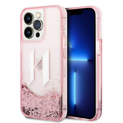 Apple iPhone 14 Pro Max Kılıf Karl Lagerfeld Sıvılı Simli Dizayn Kapak Pembe