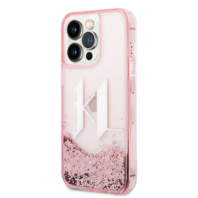 Apple iPhone 14 Pro Max Kılıf Karl Lagerfeld Sıvılı Simli Dizayn Kapak Pembe