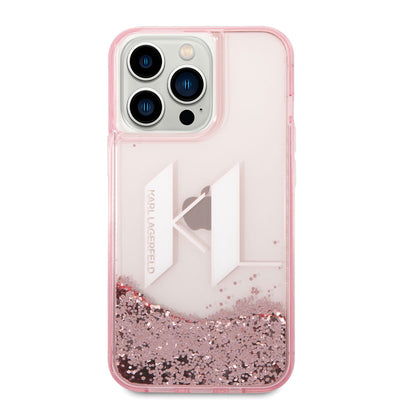 Apple iPhone 14 Pro Max Kılıf Karl Lagerfeld Sıvılı Simli Dizayn Kapak Pembe