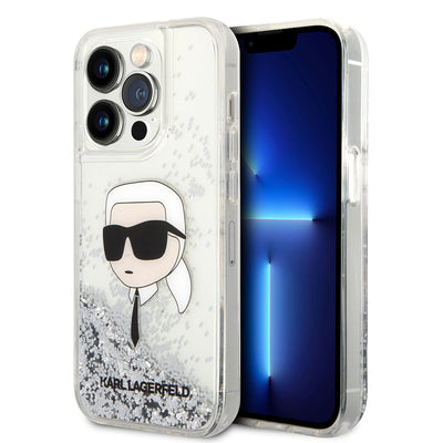 Apple iPhone 14 Pro Max Kılıf Karl Lagerfeld Sıvılı Simli Karl Head Dizayn Kapak Gümüş