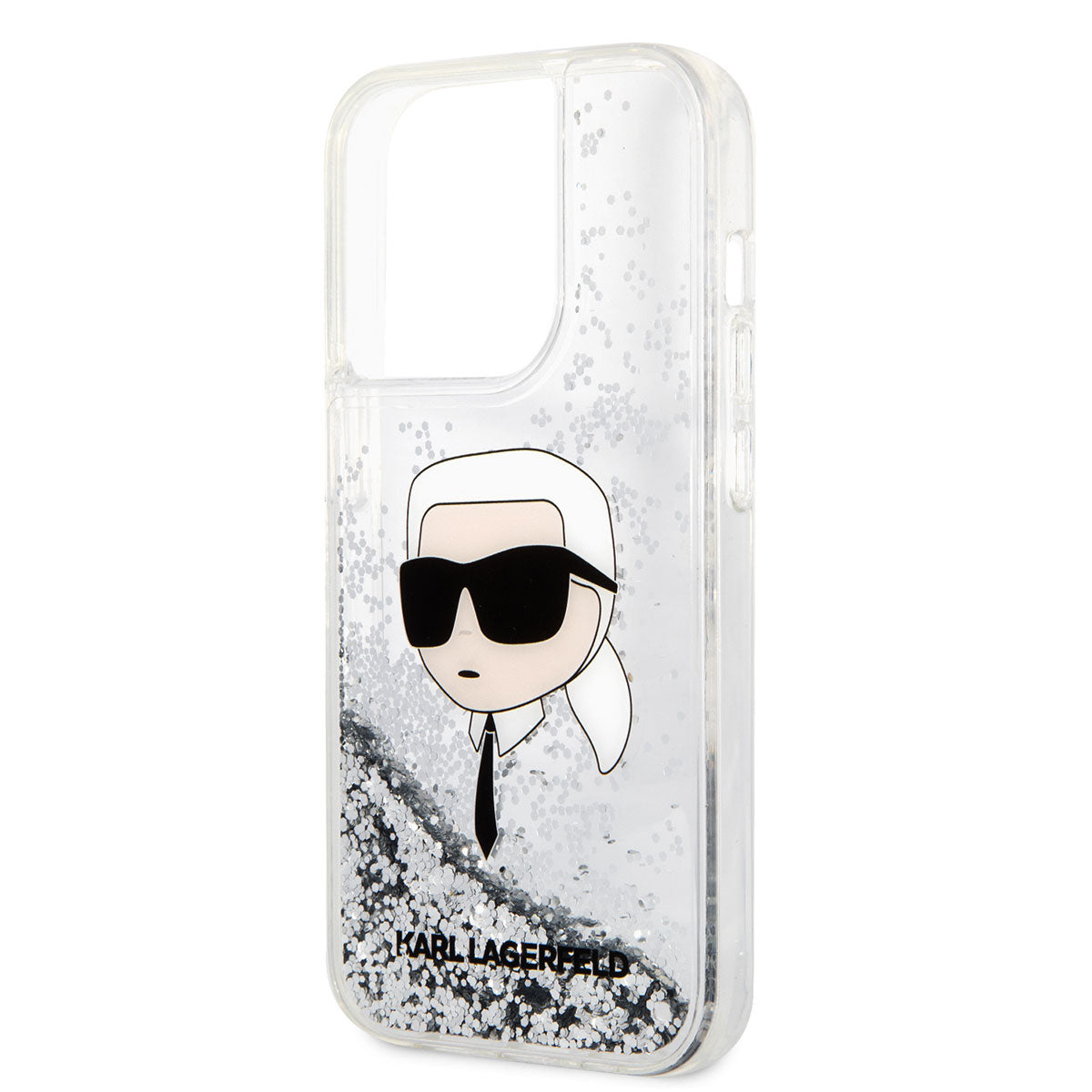 Apple iPhone 14 Pro Max Kılıf Karl Lagerfeld Sıvılı Simli Karl Head Dizayn Kapak Gümüş
