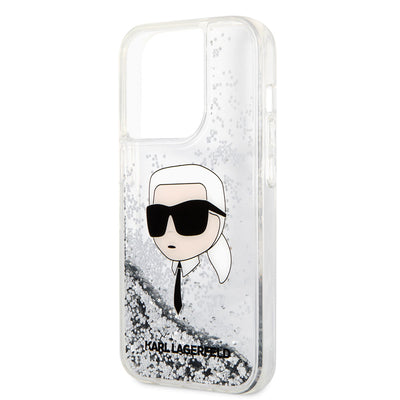 Apple iPhone 14 Pro Max Kılıf Karl Lagerfeld Sıvılı Simli Karl Head Dizayn Kapak Gümüş