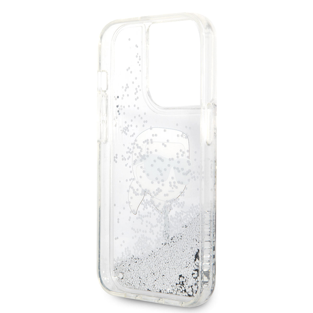 Apple iPhone 14 Pro Max Kılıf Karl Lagerfeld Sıvılı Simli Karl Head Dizayn Kapak Gümüş