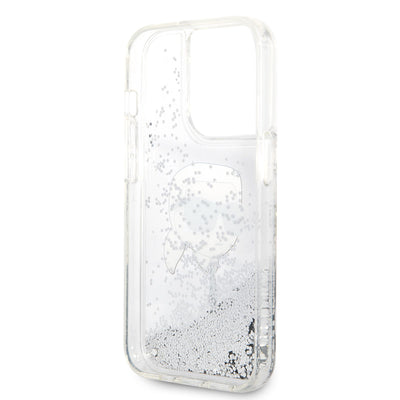 Apple iPhone 14 Pro Max Kılıf Karl Lagerfeld Sıvılı Simli Karl Head Dizayn Kapak Gümüş
