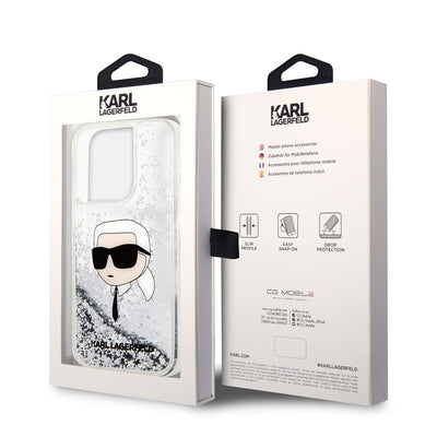 Apple iPhone 14 Pro Max Kılıf Karl Lagerfeld Sıvılı Simli Karl Head Dizayn Kapak Gümüş