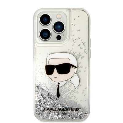 Apple iPhone 14 Pro Max Kılıf Karl Lagerfeld Sıvılı Simli Karl Head Dizayn Kapak Pembe