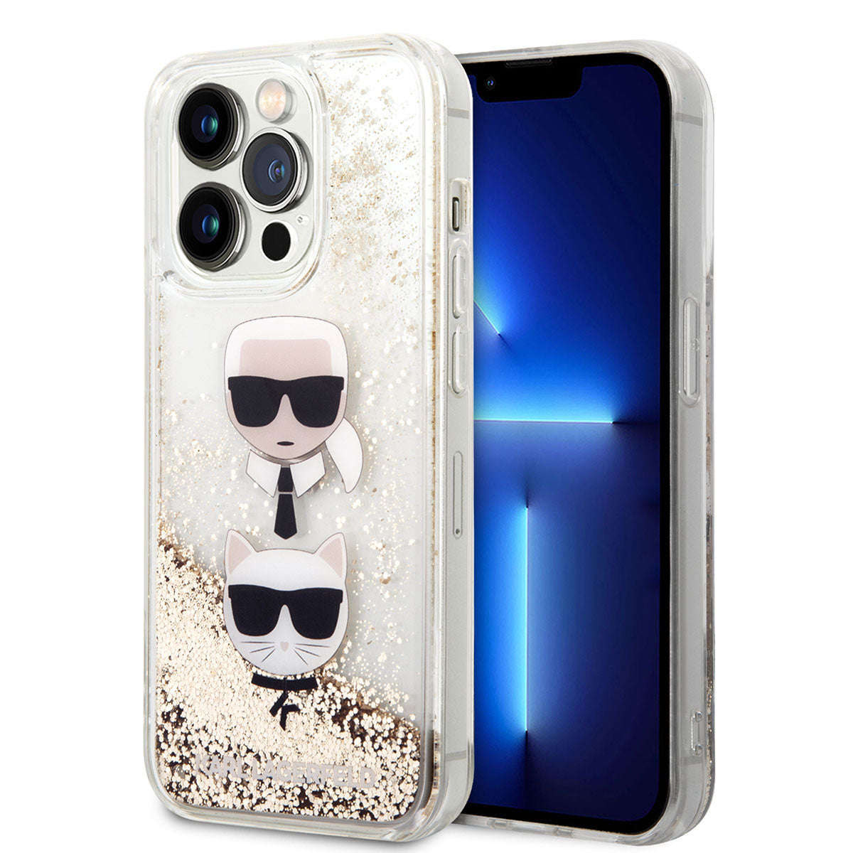 Apple iPhone 14 Pro Max Kılıf Karl Lagerfeld Sıvılı Simli K&C Head Dizayn Kapak Gold