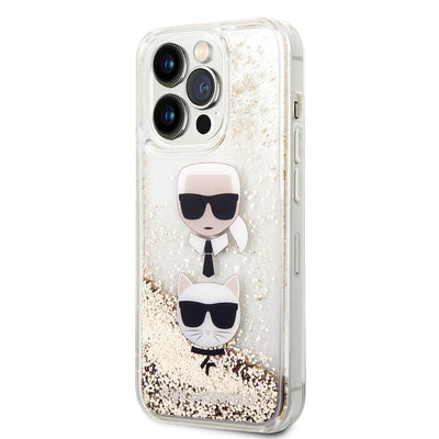 Apple iPhone 14 Pro Max Kılıf Karl Lagerfeld Sıvılı Simli K&C Head Dizayn Kapak Gold