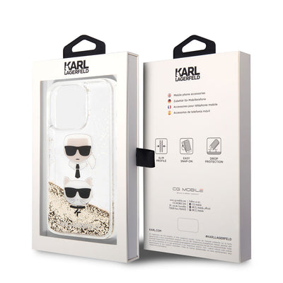 Apple iPhone 14 Pro Max Kılıf Karl Lagerfeld Sıvılı Simli K&C Head Dizayn Kapak Gold
