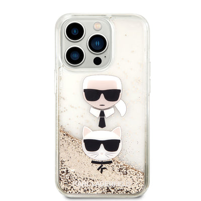 Apple iPhone 14 Pro Max Kılıf Karl Lagerfeld Sıvılı Simli K&C Head Dizayn Kapak Gold