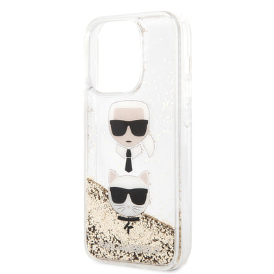 Apple iPhone 14 Pro Max Kılıf Karl Lagerfeld Sıvılı Simli K&C Head Dizayn Kapak Gold