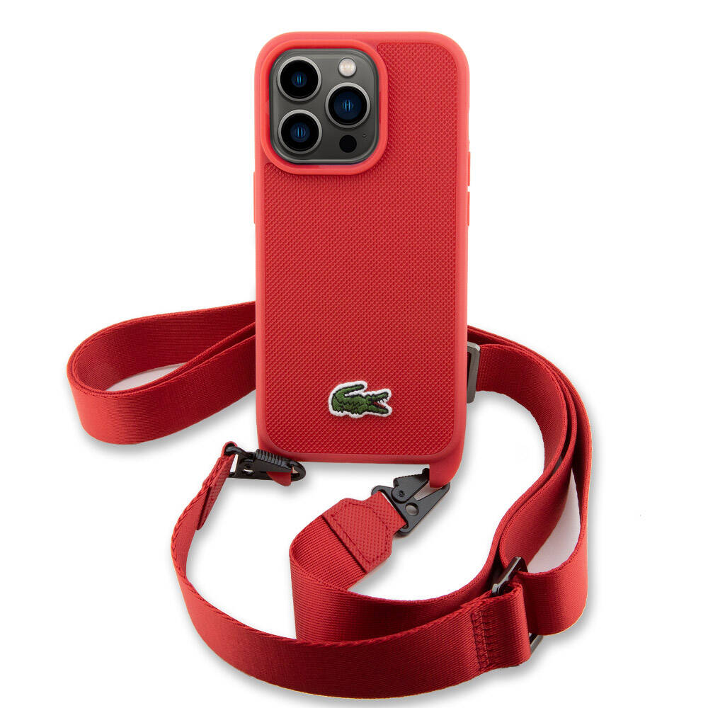 iPhone 14 Pro Max Kılıf Lacoste Orjinal Lisanslı PU Pike Desenli Arka Yüzey Askılı İkonik Timsah Dokuma Logolu Kılıf