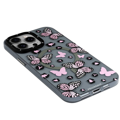 Apple iPhone 14 Pro Max Kılıf Magsafe Şarj Özellikli Kelebek Desenli Youngkit Shadow Dance Serisi Kapak Pembe