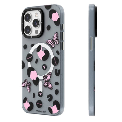 Apple iPhone 14 Pro Max Kılıf Magsafe Şarj Özellikli Kelebek Desenli Youngkit Shadow Dance Serisi Kapak Pembe