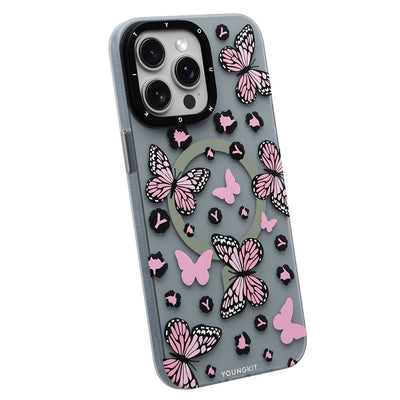 Apple iPhone 14 Pro Max Kılıf Magsafe Şarj Özellikli Kelebek Desenli Youngkit Shadow Dance Serisi Kapak Siyah