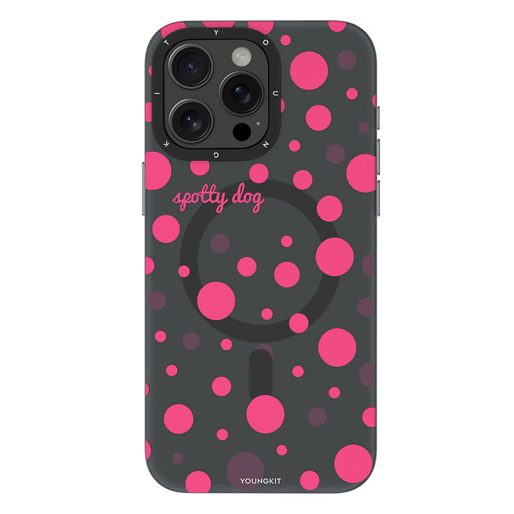 Apple iPhone 14 Pro Max Kılıf Magsafe Şarj Özellikli Polka Dot Desenli Youngkit Spots Serisi Kapak Gri