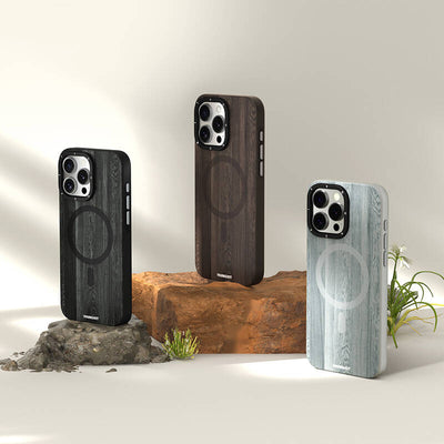 Apple iPhone 14 Pro Max Kılıf Magsafe Şarj Özellikli Sararmaya Dayanıklı Youngkit Wood Forest Serisi Kapak Siyah
