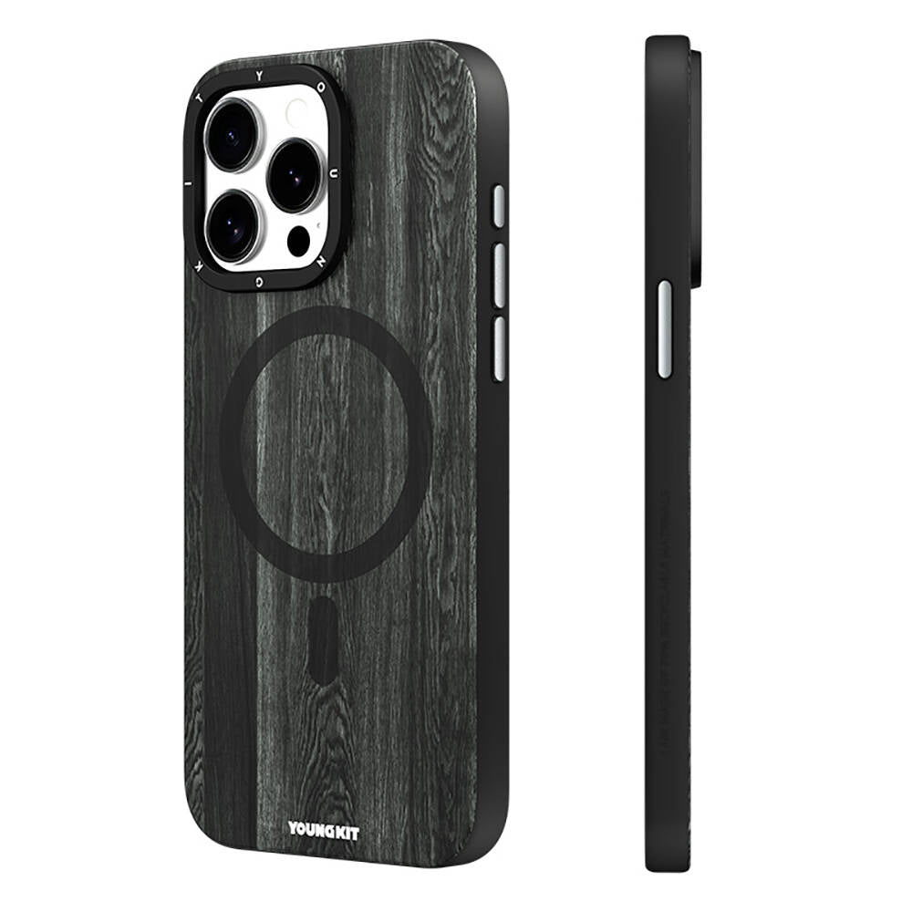 Apple iPhone 14 Pro Max Kılıf Magsafe Şarj Özellikli Sararmaya Dayanıklı Youngkit Wood Forest Serisi Kapak Siyah