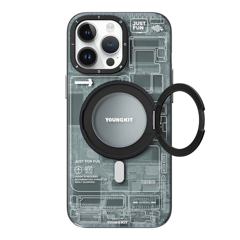Apple iPhone 14 Pro Max Kılıf Magsafe Şarj Özellikli Youngkit 360° Standlı Technology Serisi Kapak Gri