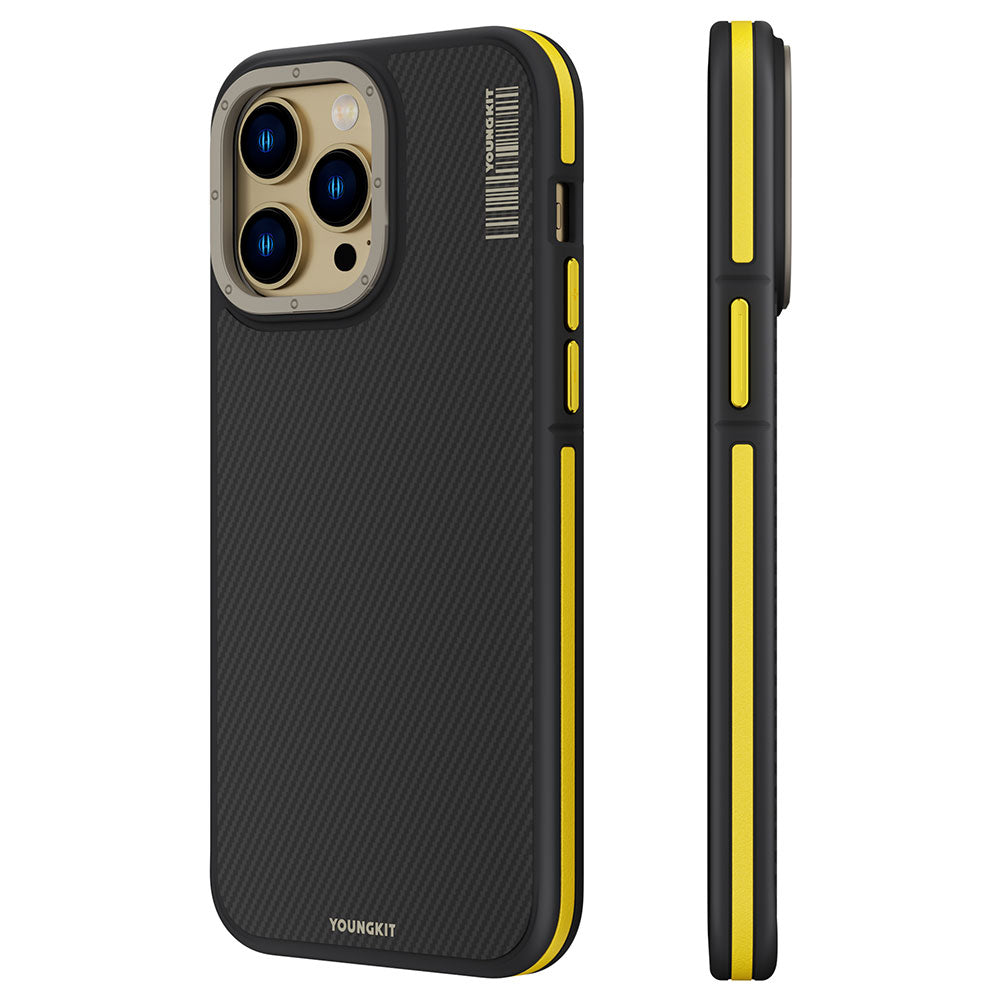 Apple iPhone 14 Pro Max Kılıf Magsafe Şarj Özellikli YoungKit 600D Kevlar Kapak Sarı