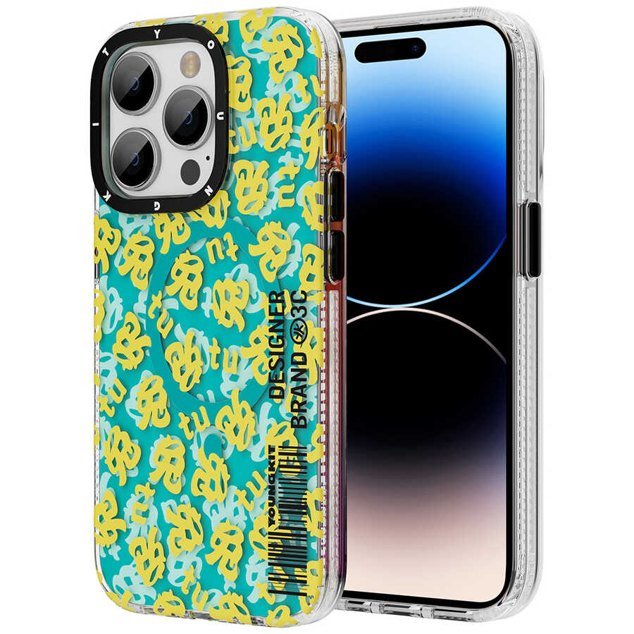 Apple iPhone 14 Pro Max Kılıf Magsafe Şarj Özellikli Youngkit Play Rabbit Serisi Kapak Sarı