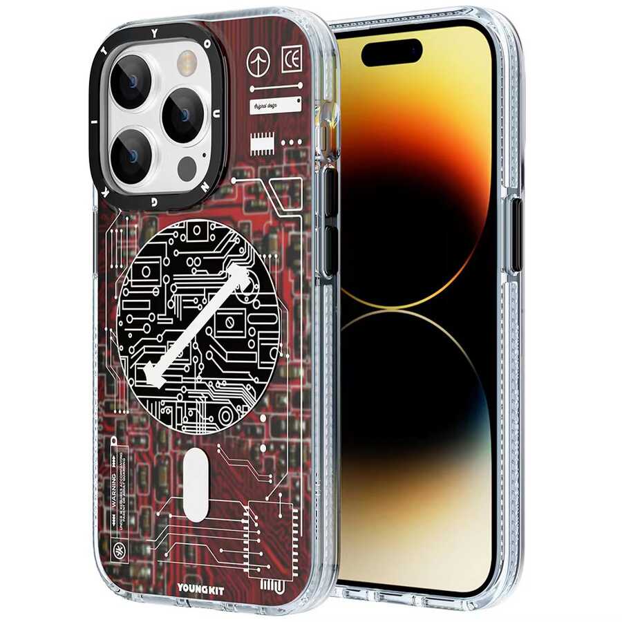 Apple iPhone 14 Pro Max Kılıf Magsafe Şarj Özellikli YoungKit Technology Serisi Kapak Kırmızı