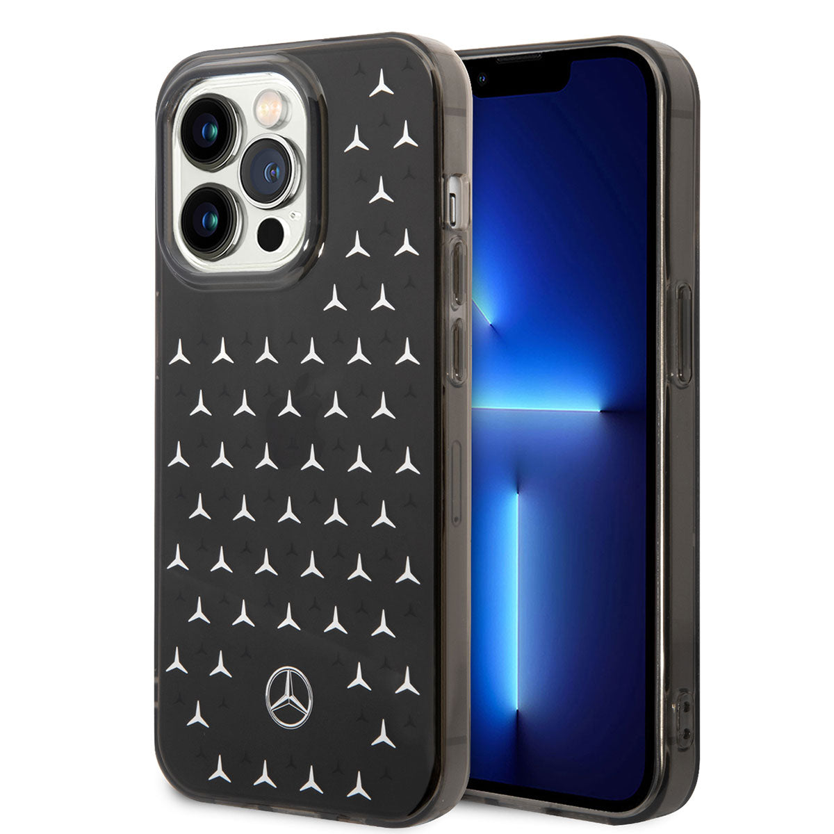 Apple iPhone 14 Pro Max Kılıf Mercedes Benz Çift Katmanlı Yıldız Desenli Dizayn Kapak Siyah-Gümüş