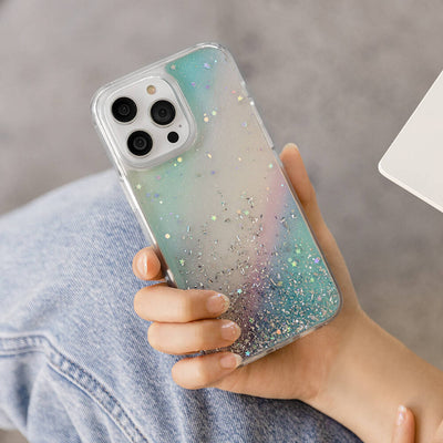 Apple iPhone 14 Pro Max Kılıf Parlayan Simli Şeffaf Lisanslı Switcheasy Starfield Kapak Mavi