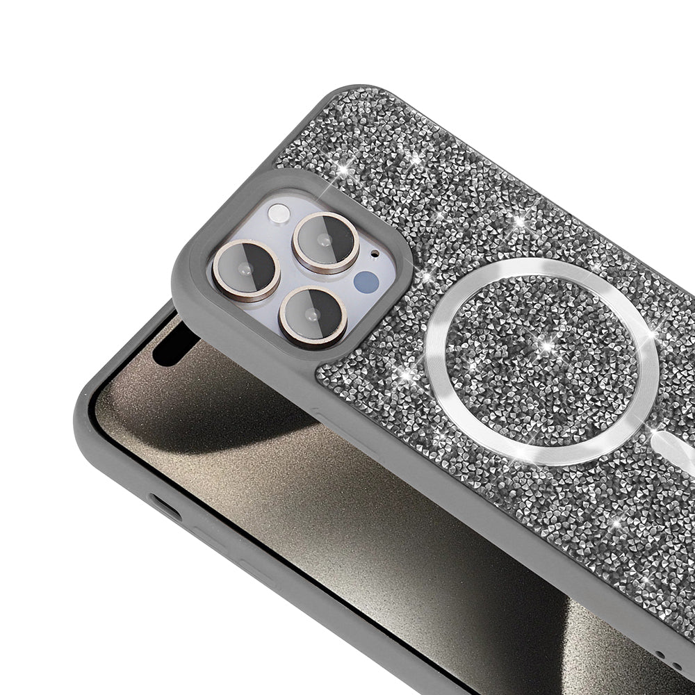 Apple iPhone 14 Pro Max Kılıf Pırlanta Tasarımlı M-safe Şarj Özellikli Zore Mozaik Silikon Kapak Siyah