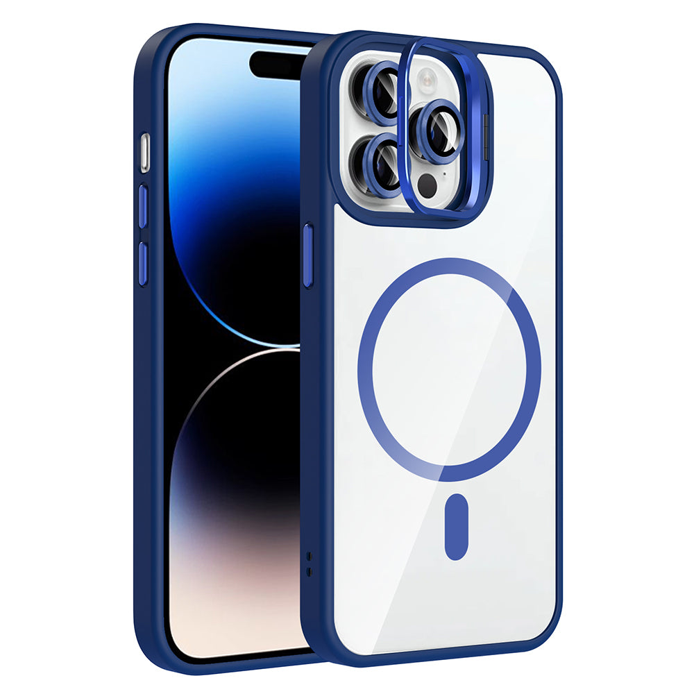 Apple iPhone 14 Pro Max Kılıf Standlı ve Kamera Lens Hediyeli M-Safe Şarj Özellikli Zore Etro Kapak Gri